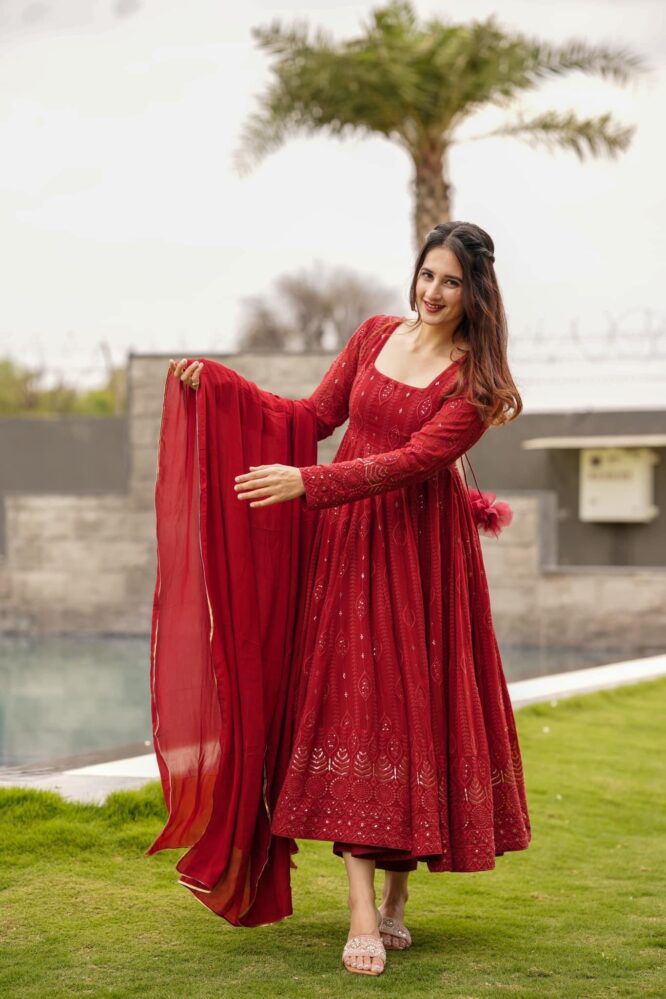 Kalmkari Designer Red Color Stylish Anarkali Gown – Dora Vastra