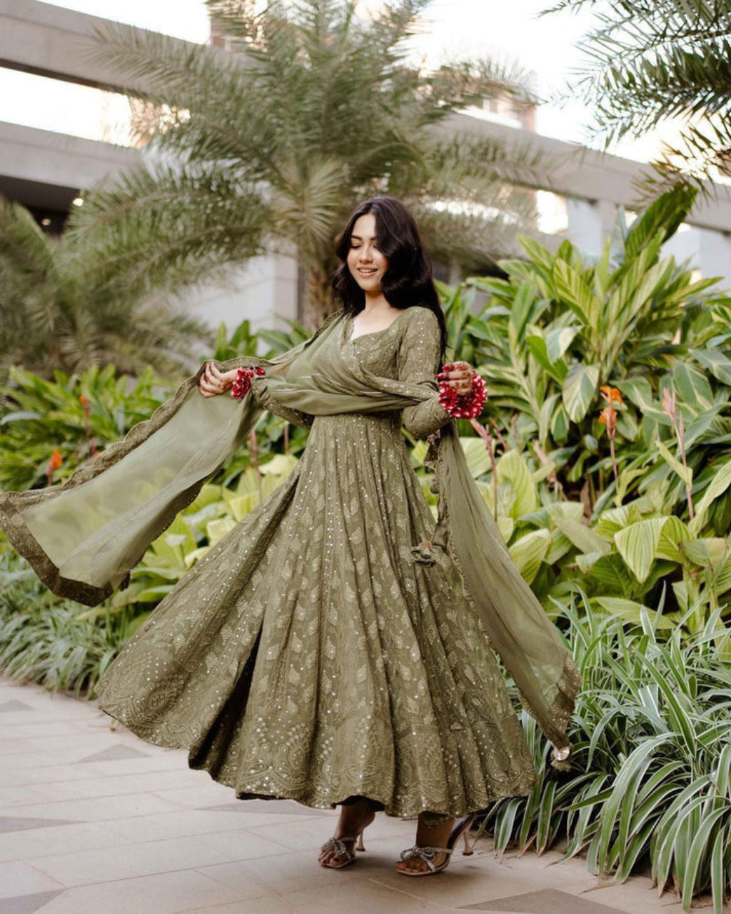 green color Embroderiy Party Wear Gown For Girls