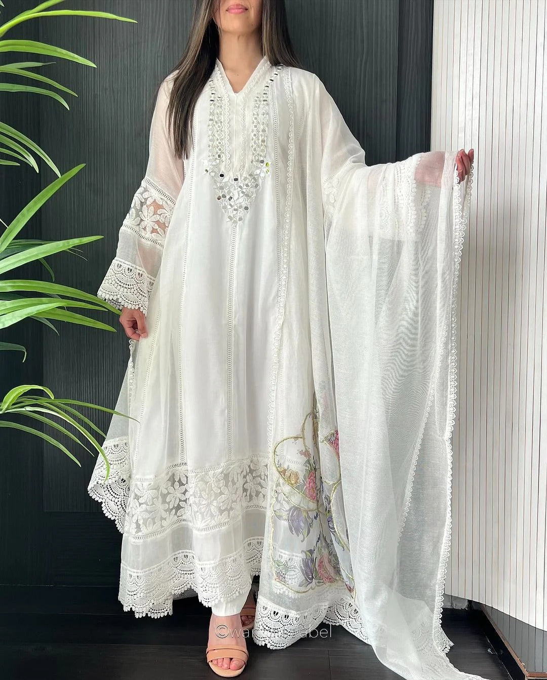 Maira White Mirror Embroidered A-Line Dress Suit Maira White Mirror Embroidered A-Line Dress Suit
