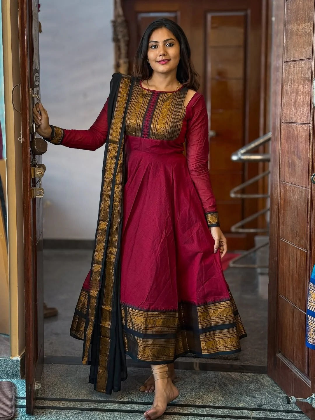 Red Signature Kanchi Cotton Anarkali & Dupatta – Dora Vastra