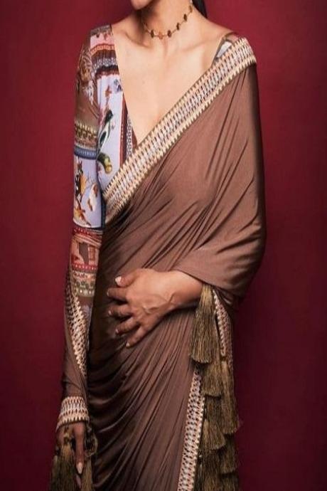 Flaunt Coffee Colored Soft Mul Mul Satin Sari SY 1138