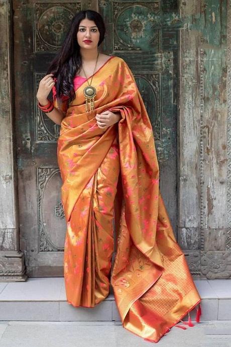 Buoyant Orange Color Soft Silk Jacquard saree with printed saree