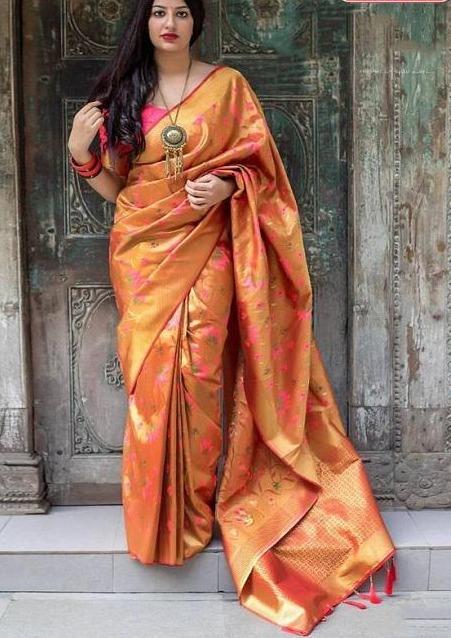 Entrancing Yellow Colored Soft Silk Jacquard Saree for woven