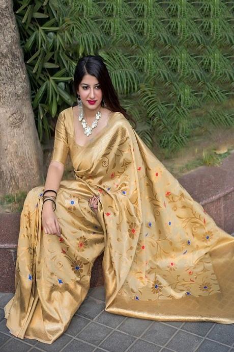 Brilliant Golden Color Soft Silk Designer party wear collection