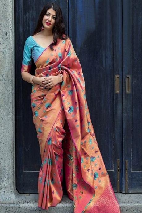 Buoyant Peach and Pink Color Soft Silk Jacquard Saree for wedding woven