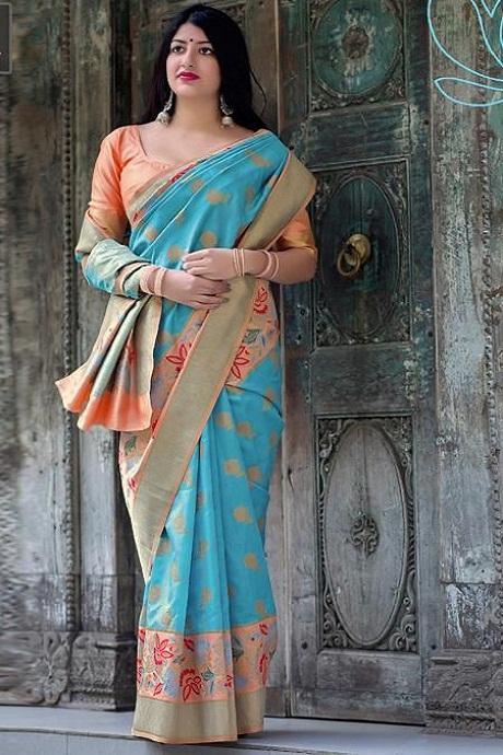 Firozi Colored Soft Silk Banarasi Saree SY 5239