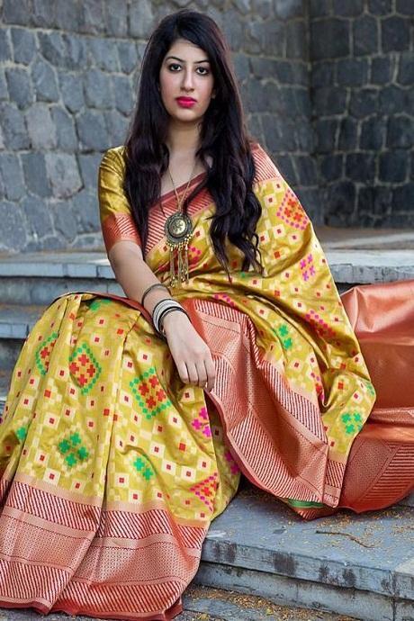 Blooming Yellow Color Soft Silk Designer Sarees for kanchipuram saree for girls