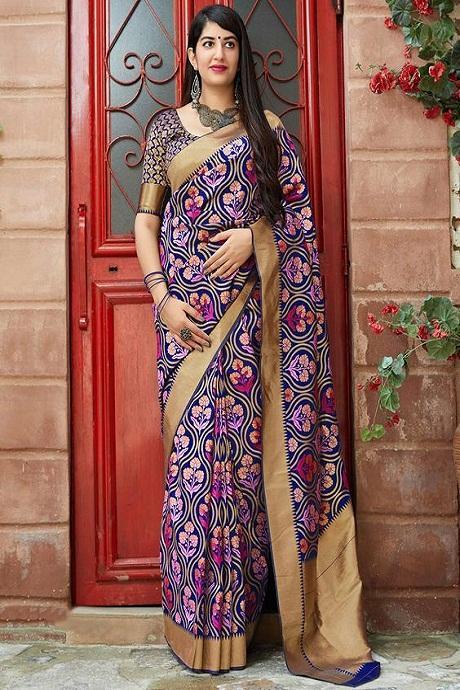 Ethnic Banarasi Silk Navy Blue Saree with Golden border for Wedding Wear collection