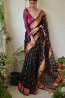 BlackColor Designer Hand Weaving Occasional Wear Soft Linen Cotton Silk Sarees,Sari