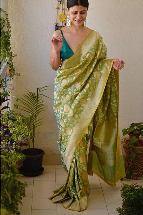 Lemon Green Color Designer Hand Weaving Festival Wear Soft Cotton Silk Sarees,Sari