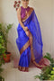 Brilliant Royal Blue Color Linen Designer Hand Weaving Saree for woven