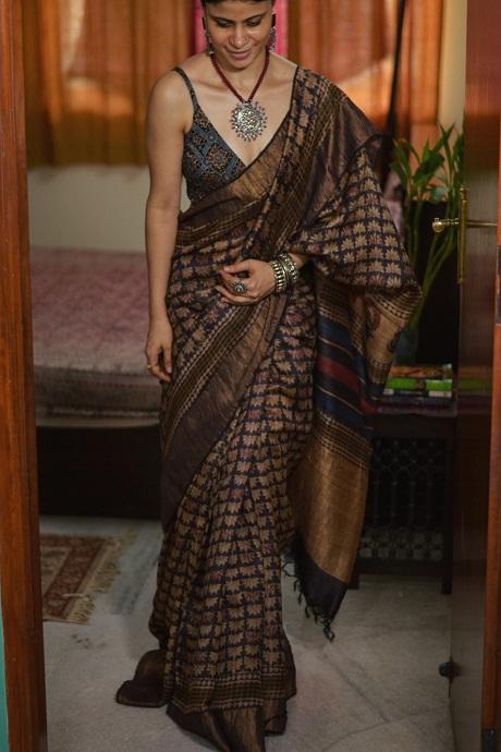 Contemporary Brown And Coffee Color Hand Loom Designer Cotton Silk Saree