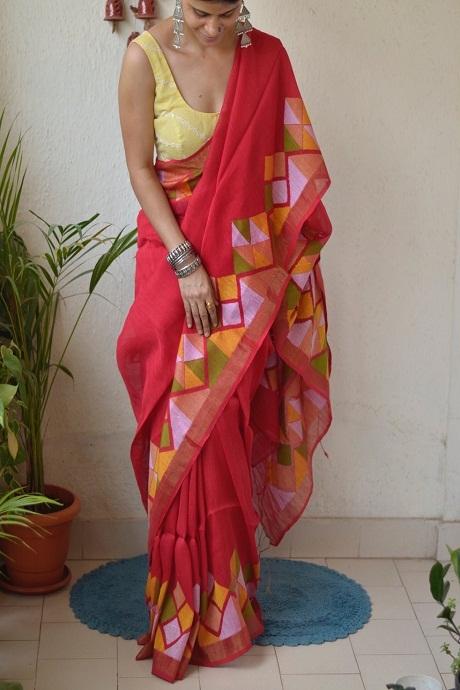 Contemporary Red Color Hand Loom Designer Cotton Silk Saree daily wear saree