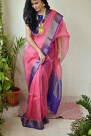 Dazzling Blue And Pink Color Soft Cotton Silk printed Designer Zarana Sarees