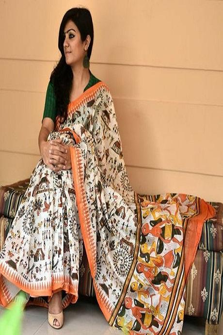 White Color Hand Loom Linen Designer Digital Print Saree