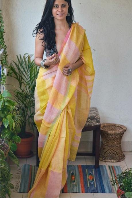 Delightful Yellow Color Linen Designer Digital Print Saree