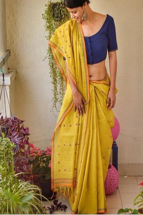 Yellow and Blue Color Hand Loom Party Wear Linen Digital Print Saree SY 808