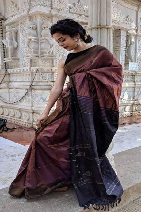 Brown And Black Color Hand Loom Party Wear Linen Digital Print Saree