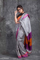 Grey and Black Color Hand Loom Party Wear Linen Digital Print Saree SY 815