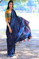 Charming Blue Color Linen Designer Digital Print Saree