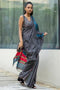 Charismatic Grey Color Linen Designer Digital Print Saree