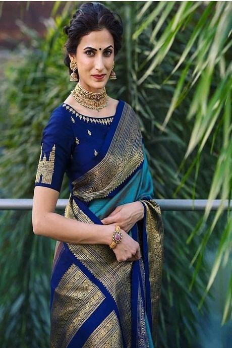 Classic Blue And Firozi Colored Fashionable printed saree for woven