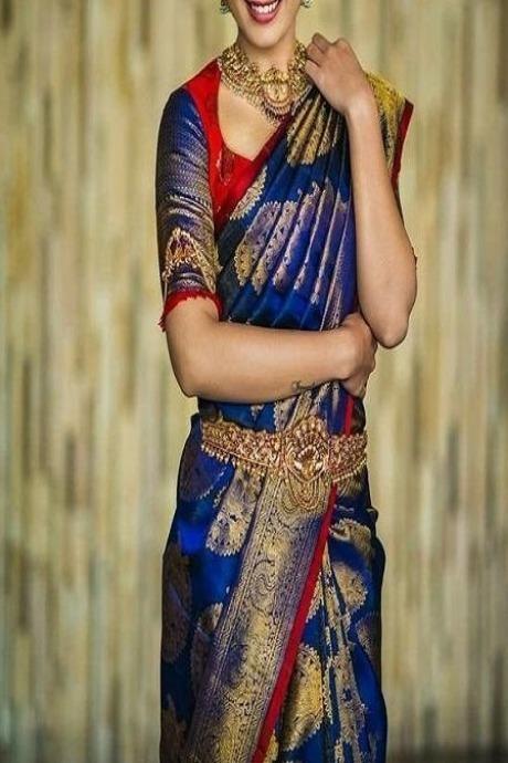 Designer Blue Grey colored Soft Silk Latest Jacquard Saree for party wear