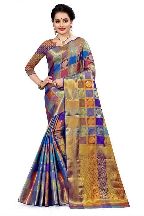 Trenday Turquoise Wedding Kanchipuram Richpallu Saree