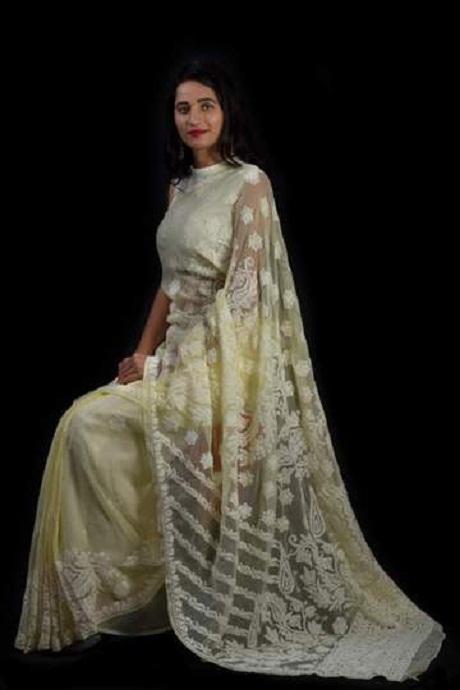 Chikankari Saree In Lemon Yellow Lucknowi saree for party wear