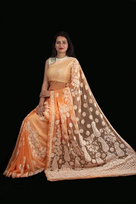 Lucknowi Chikankari Saree In Orange