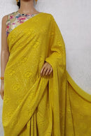 Glowing Yellow Hand Embroidered Chikankari Pure Georgette Saree