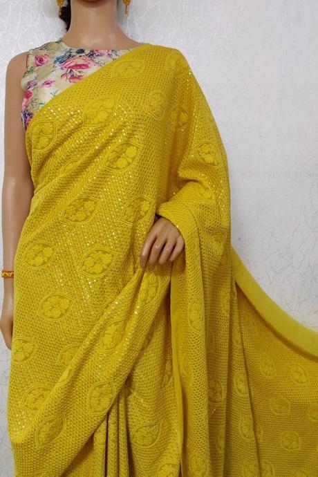 Glowing Yellow Hand Embroidered Chikankari Pure Georgette Saree