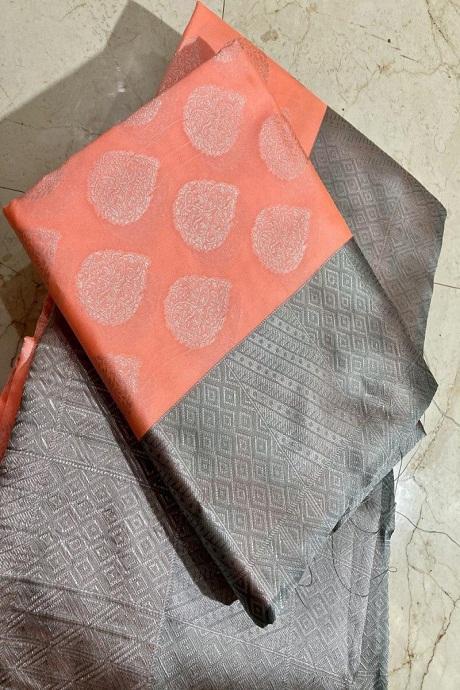 Peach-Grey Partywear Kanjivaram Saree