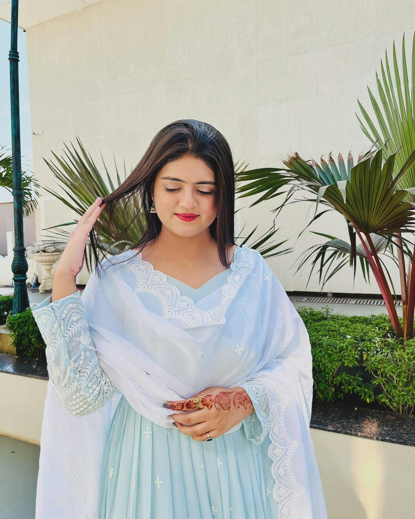 Attractive Light Sky Blue Color Heavy Work Gown