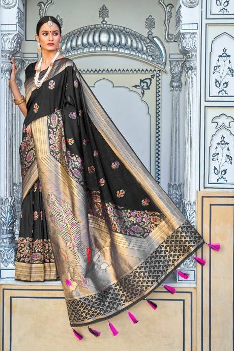 Black zari woven banarasi brocade Saree With Blouse