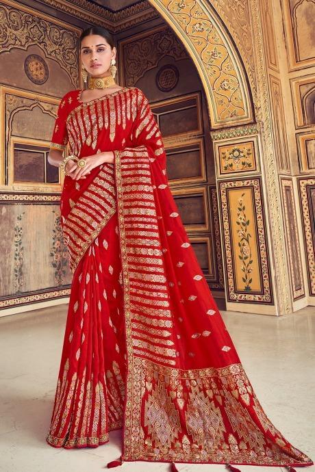 Lipstick red woven designer banarasi saree with embroidered silk blouse