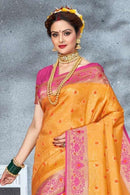 Mustard yellow woven banarsi Saree With Blouse