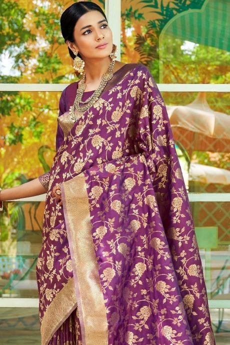 Violet Woven Banarasi Brocade Saree With Blouse Piece SY 2239