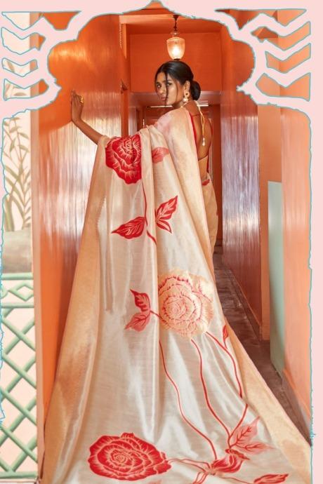 Off-white woven Chanderi - banarasi fusion saree With Blouse