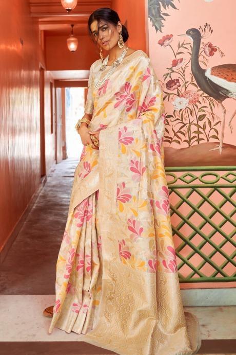 New Arrival Off-white & peach woven Banarasi Brocade Saree With Blouse