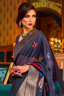 Oxford blue woven banarasi fusion saree With Blouse