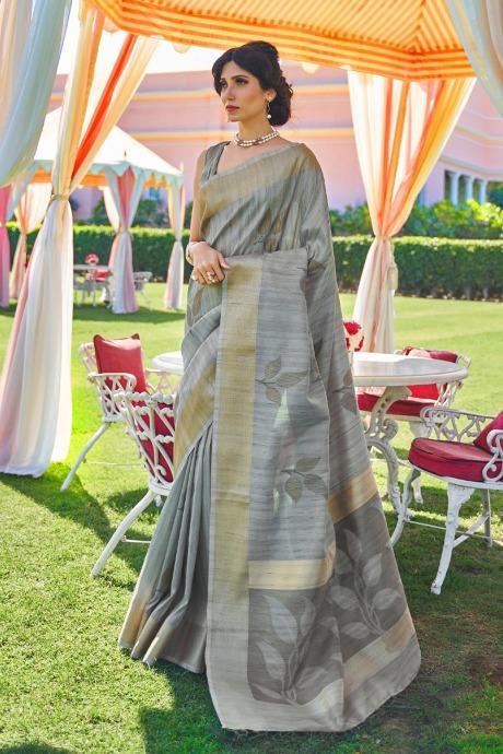 Lava grey woven Chanderi - banarasi fusion saree With Blouse