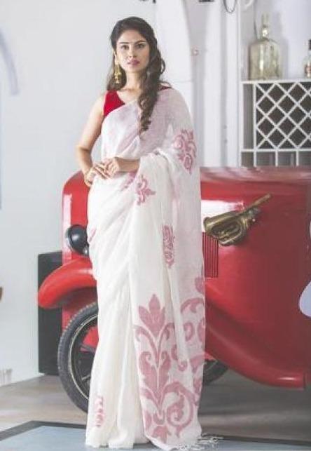 White Handwoven Linen Saree With Red Colour Blouse