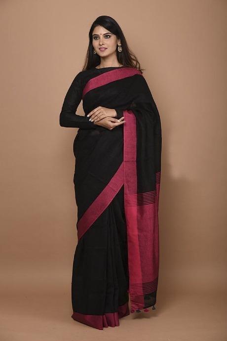 New Arrival Black Handwoven Linen Saree with Pink Border And Blouse