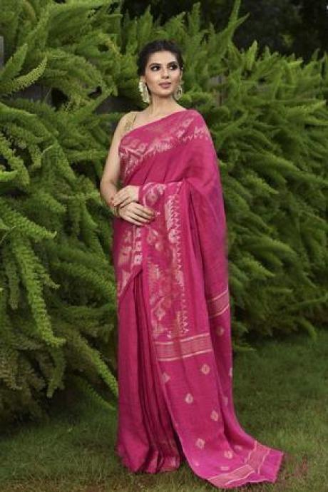 Intricate Pink Shade Handwoven Linen Saree With Blouse Piece SY 2060