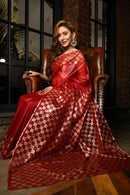 Maroon Shade Organza Silk Handblock Print Saree With Blouse