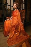 Orange Shade Organza Silk Handblock Print Saree With Blouse