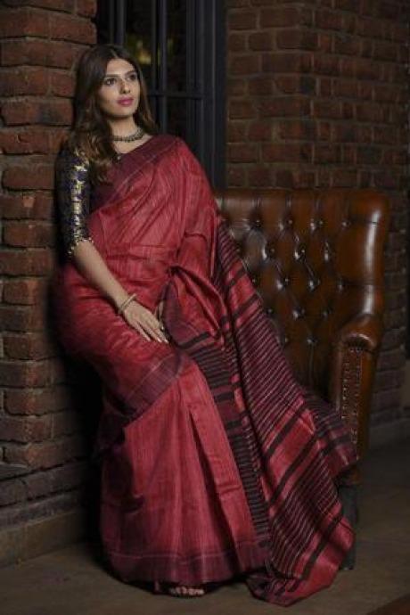 Red Shade Handwoven Tussar Ghicha Silk Saree with Viscose Border