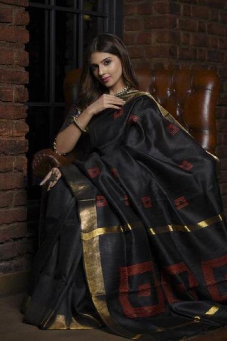 Hypnotic Black Handwoven Tussar Raw Silk Saree With Blouse