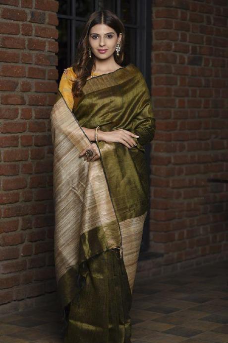 Olive Green Shade Handwoven Tussar Viscose linen Silk Saree with Ghicha Pallu